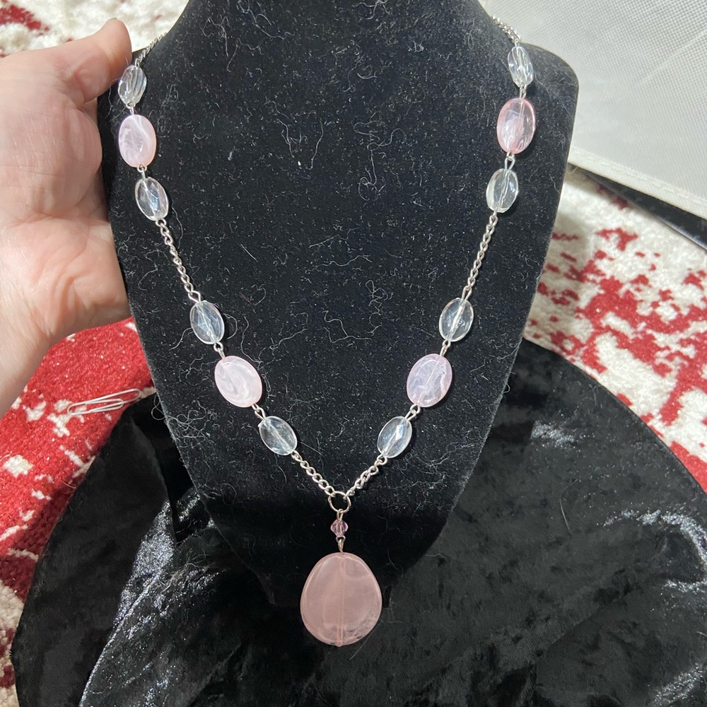 Pink Oval Oendant Station Necklace Pink Clear Beads Silver Tone